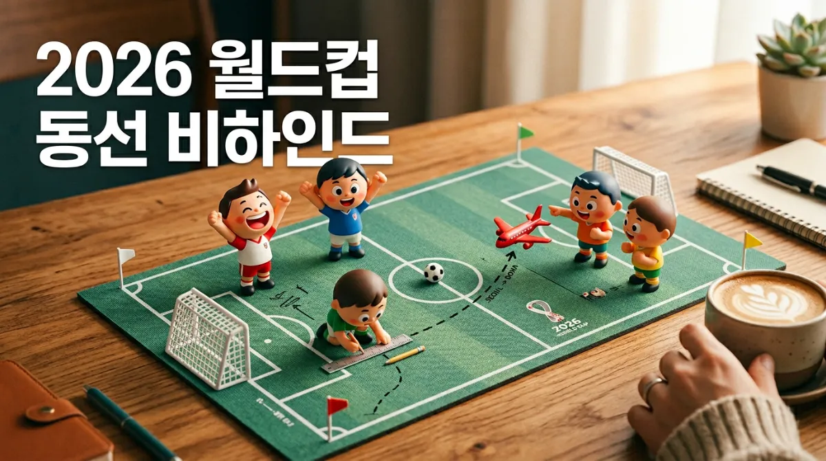 2026 북중미 월드컵 이동 동선 비하인드를 미니어처 축구장과 귀여운 캐릭터로 표현한 플랫레이 이미지