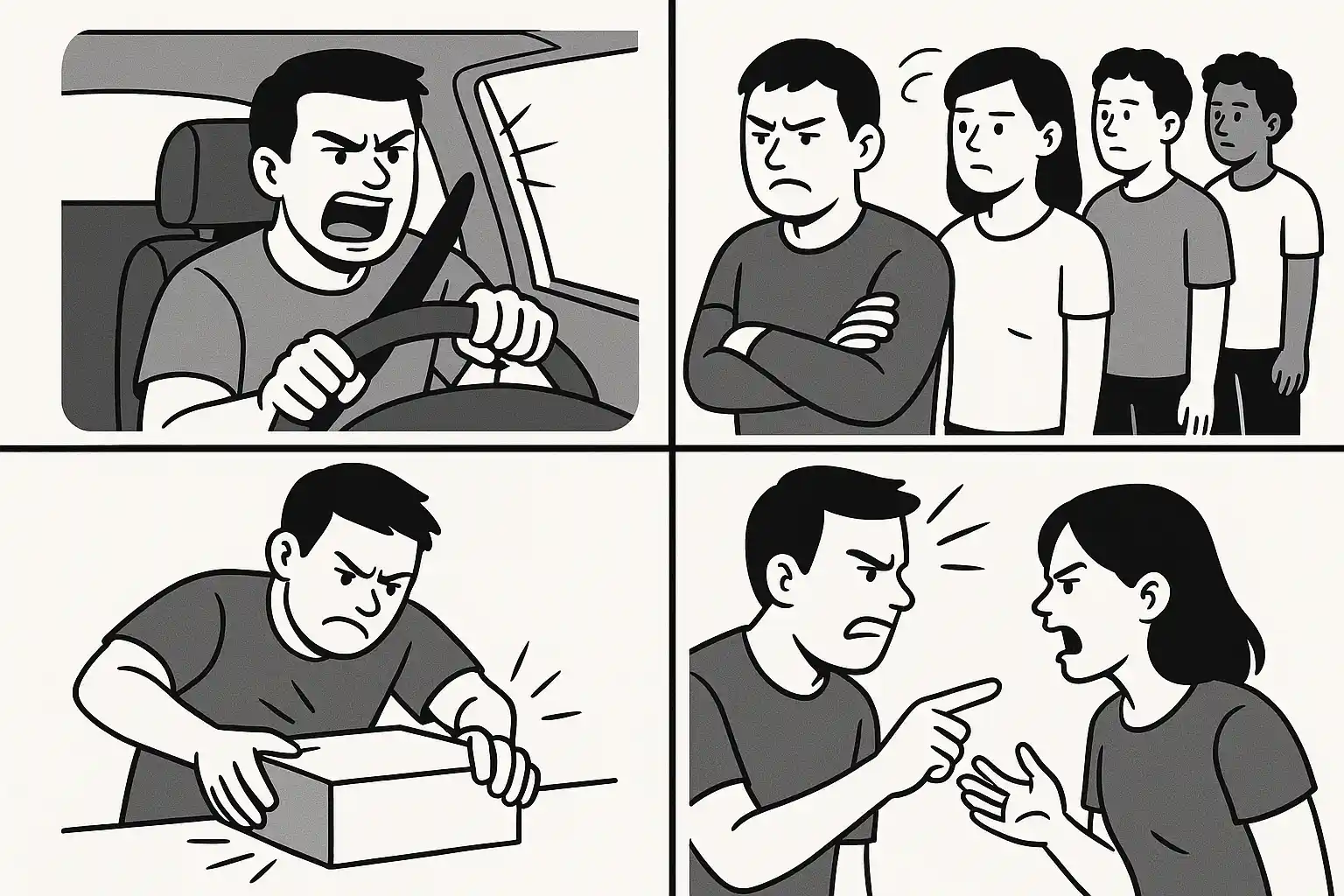 운전 중 화내는 사람, 줄 서며 짜증내는 장면, 물건을 세게 다루는 모습, 말다툼하는 모습