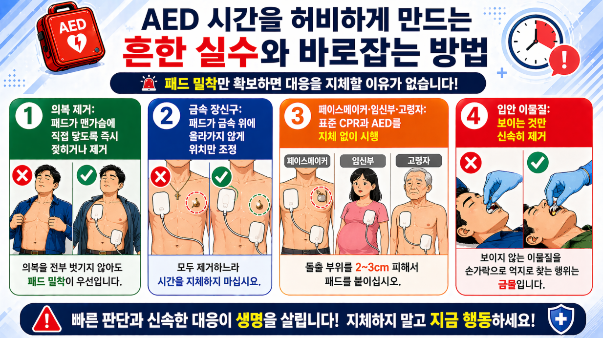 CPR과 AED 병행 시 현장 운영 원칙, 단독 대응과 충격 전 안전 확보 강조