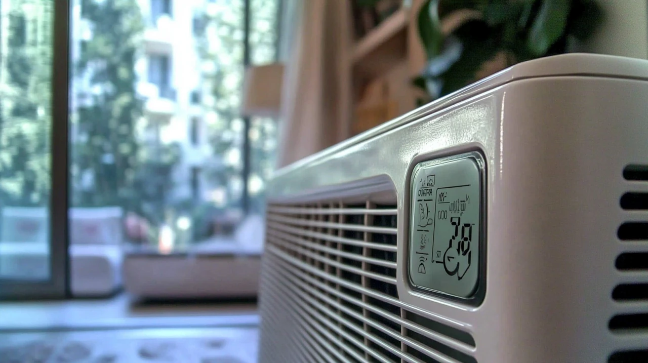 에어컨 제어 패널에서 에너지 절약 설정을 활용하여 지속 가능한 생활을 실현합니다. 세련된 도시 아파트에서의 효율적인 온도 관리가 돋보입니다.