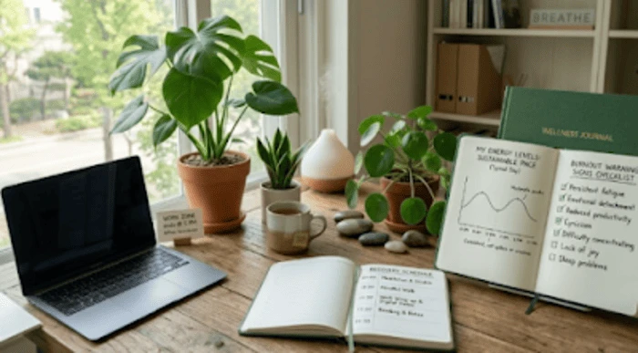 노트북 옆에 놓인 초록색 화분과 따뜻한 차 한 잔, 그리고 에너지 회복 지표가 그려진 웰니스 저널이 펼쳐져 있는 고요한 책상 풍경