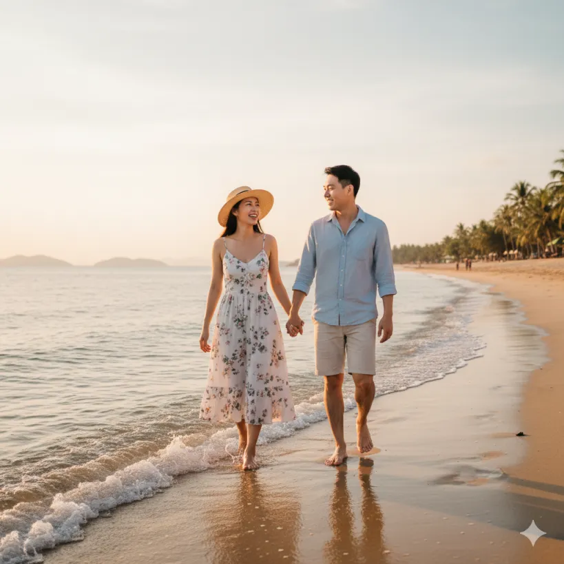 젊은 커플이 아름다운 10월의 나트랑 해변을 걷고있는 이미지