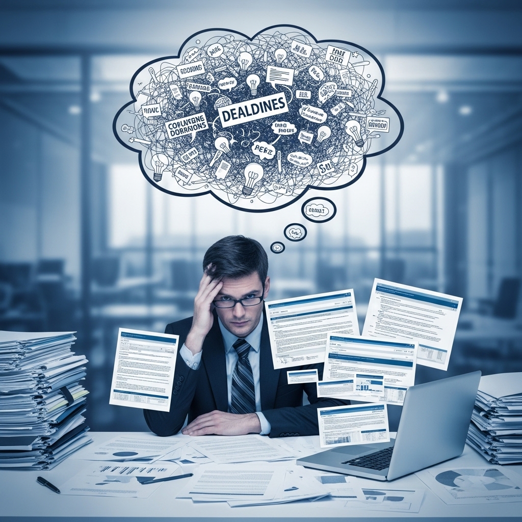 회의 자료와 여러 서류에 둘러싸여 혼란스러워하는 직장인의 모습. 성인 ADHD로 인한 업무 중 어려움을 상징합니다.