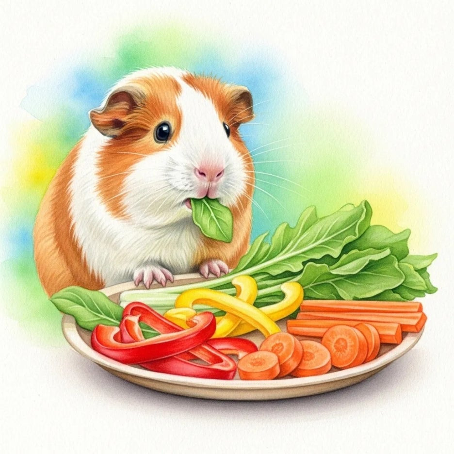 신선한 채소를 맛있게 먹고 있는 귀여운 기니피그