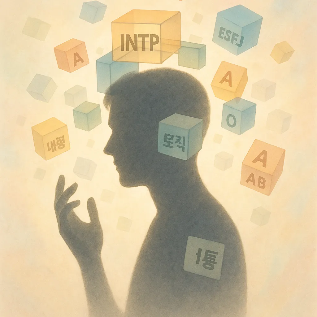 MBTI 유형, 혈액형, 그리고 '내향', '로직', '1등' 등 성격 키워드 블록에 둘러싸여 고민하는 사람의 실루엣 이미지