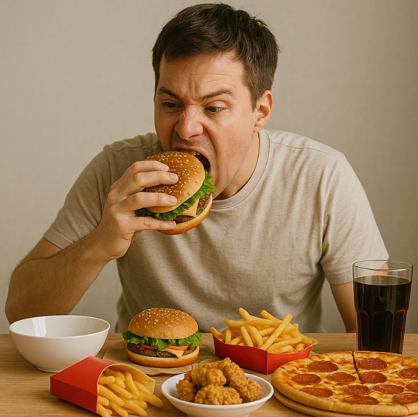 아침을 건너뛴 사람이 폭식하는 모습
