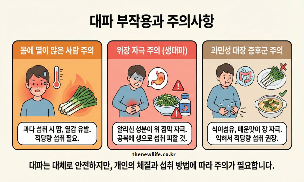 대파 효능 섭취 시 과다 섭취나 체질에 따른 주의사항 및 부작용을 경고하는 인공 이미지