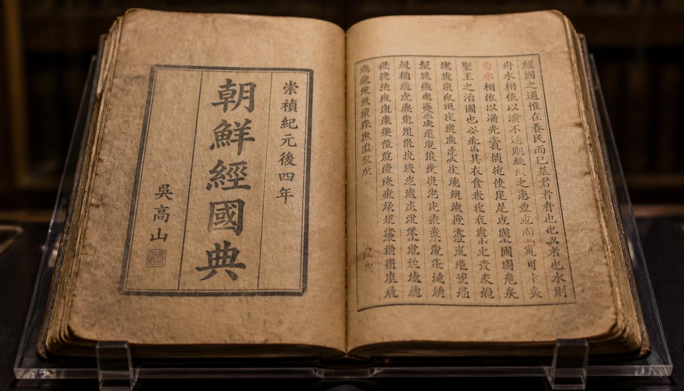 A 14th-century ancient document is carefully spread out on a museum stand. The paper and calligraphy, bearing the traces of time with the Chinese characters 'Joseon Gyeonggukjeon' written on it, are bathed in warm light.