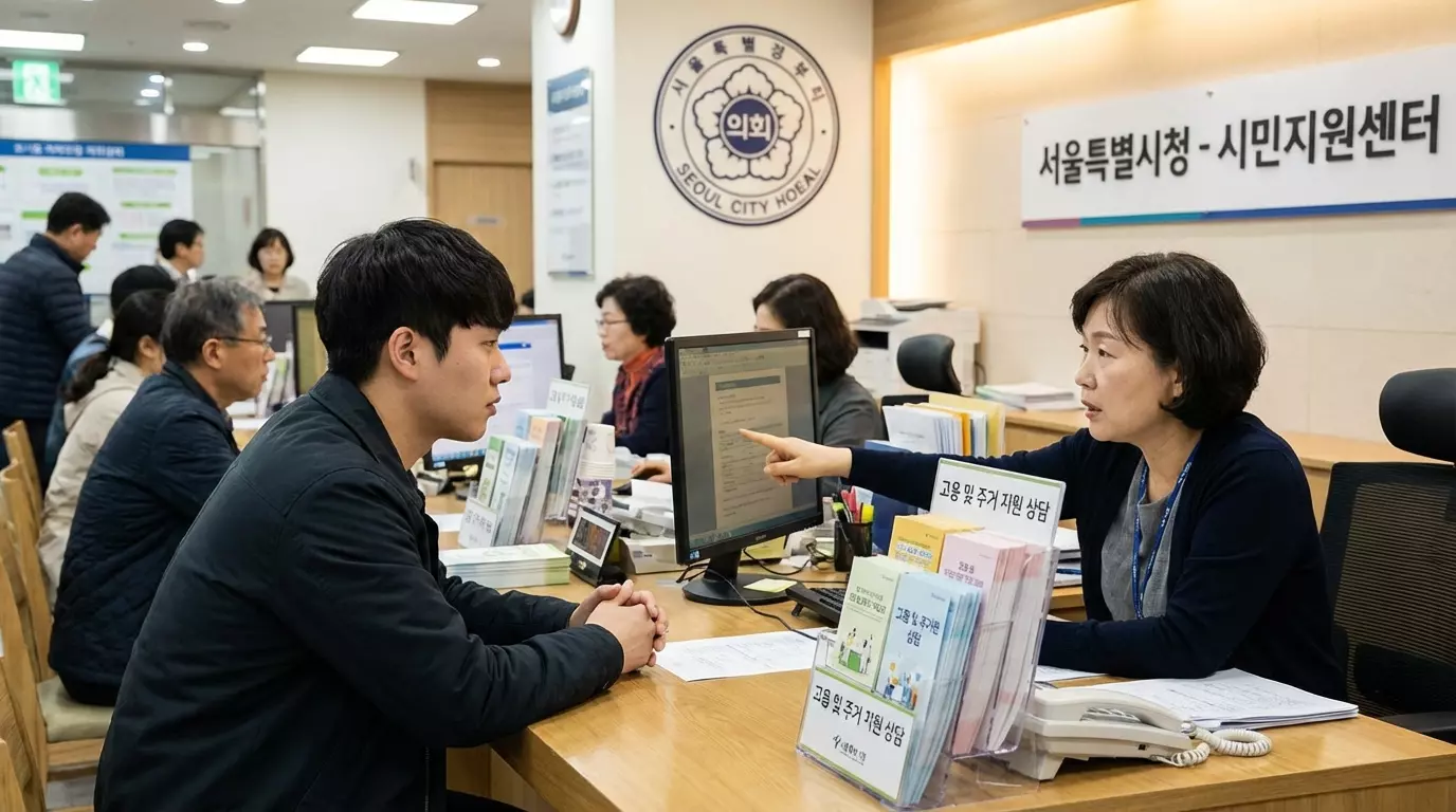 청년이 정부 지원 상담 창구에서 지원 제도를 상담받는 장면