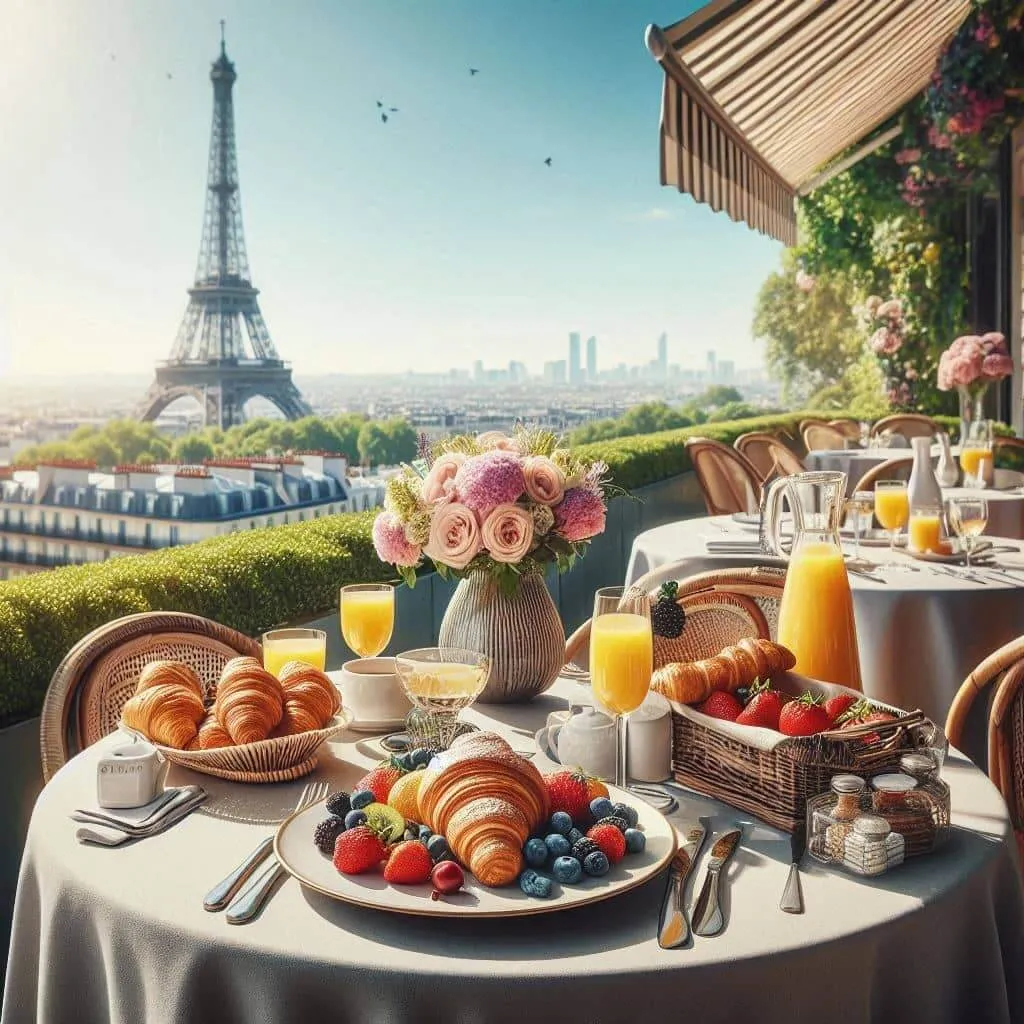에펠탑이 보이는 파리 호텔 테라스에서 화려한 브런치가 차려진 테이블, 햇살 가득한 여유로운 분위기