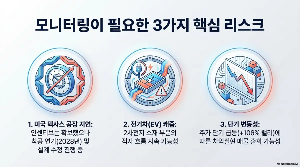 솔브레인 주가 전망: 세 개의 원형 아이콘으로 모니터링이 필요한 핵심 리스크를 정리한 이미지. 미국 텍사스 공장 착공 연기&amp;#44; 전기차 캐즘에 따른 2차전지 부진&amp;#44; 단기 급등 후 차익실현 매물 가능성이라는 솔브레인의 투자 위험 요인을 시각적으로 전달하며&amp;#44; 블로그의 솔브레인 리스크 분석과 관련된 내용을 설명함