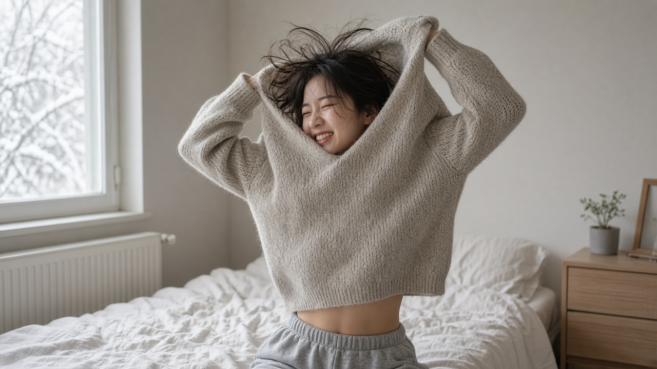 니트를 벗다가 정전기로 머리카락이 뜬 20대 한국인 여성