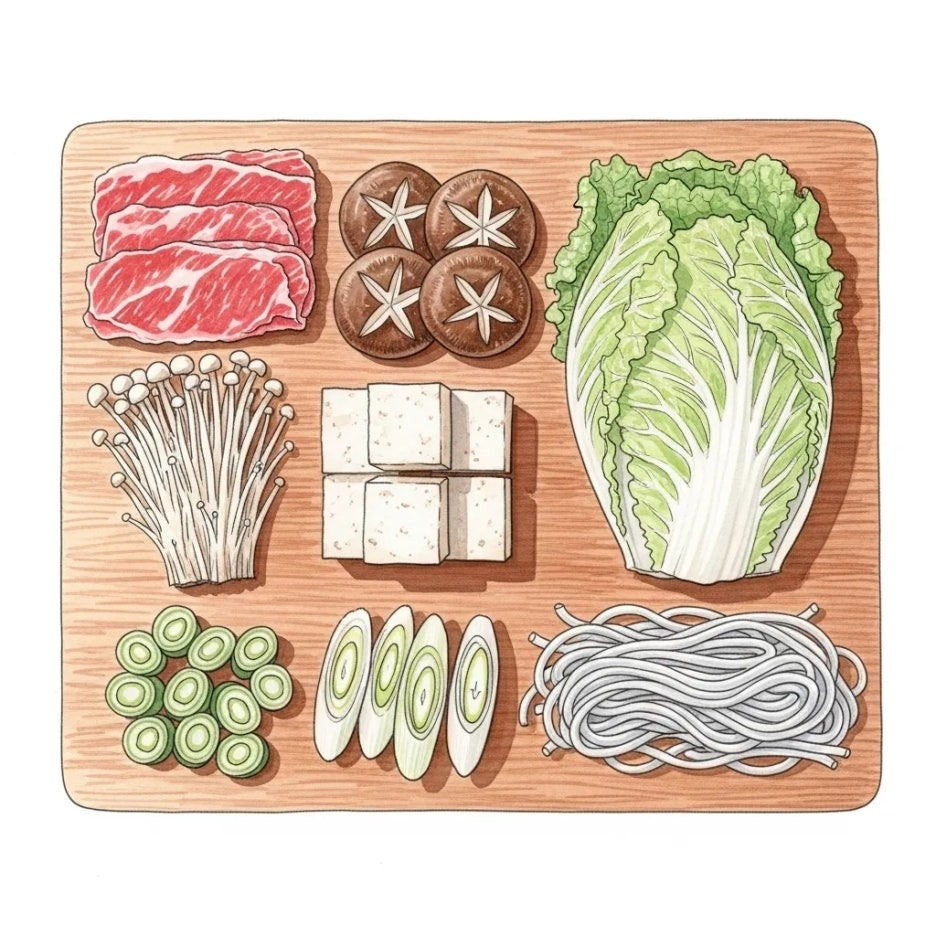 신선한 스키야키 재료들이 모여있는 모습