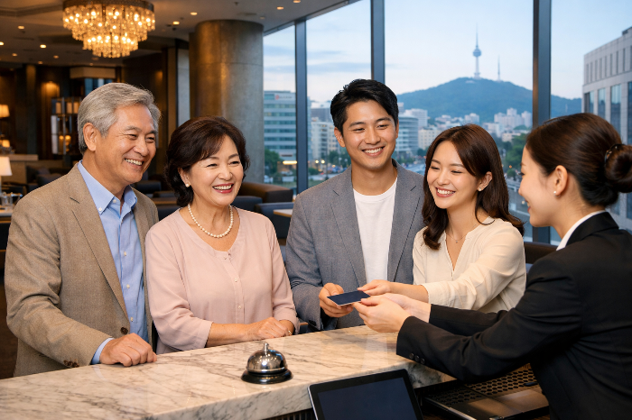 설 연휴를 맞아 서울 호텔에서 역귀성 호캉스를 즐기는 3대 가족.