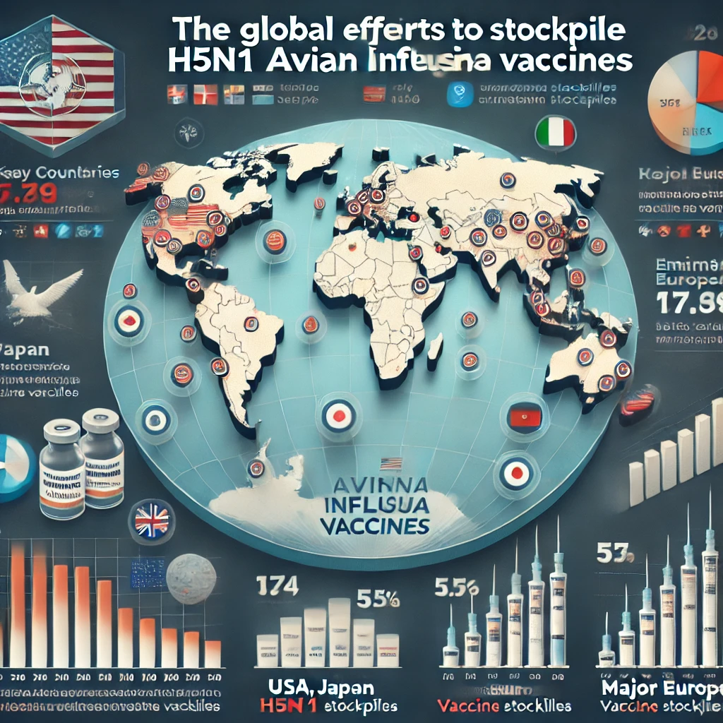 H5N1 백신 비축량을 국가별로 비교한 바 차트. 미국&amp;#44; 일본&amp;#44; 유럽 주요 국가의 백신 비축량이 한눈에 비교됨.
