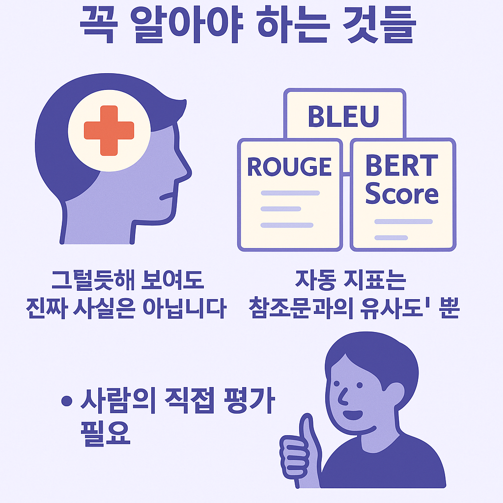 ✔️ AI가 만든 결과는 보기엔 그럴듯해도, 항상 ‘사실’은 아닙니다.
✔️ BLEU, ROUGE, BERTScore 같은 자동 평가 지표는 ‘참조문과의 유사도’를 수치화한 것일 뿐입니다.
✔️ 사람이 직접 평가할 때는 정확성, 일관성, 표현력, 유용성 등의 종합적인 감각이 필요합니다.
✔️ ‘정답률’ 하나로는 설명할 수 없는 창의성과 설득력도 함께 고려해야 합니다.
