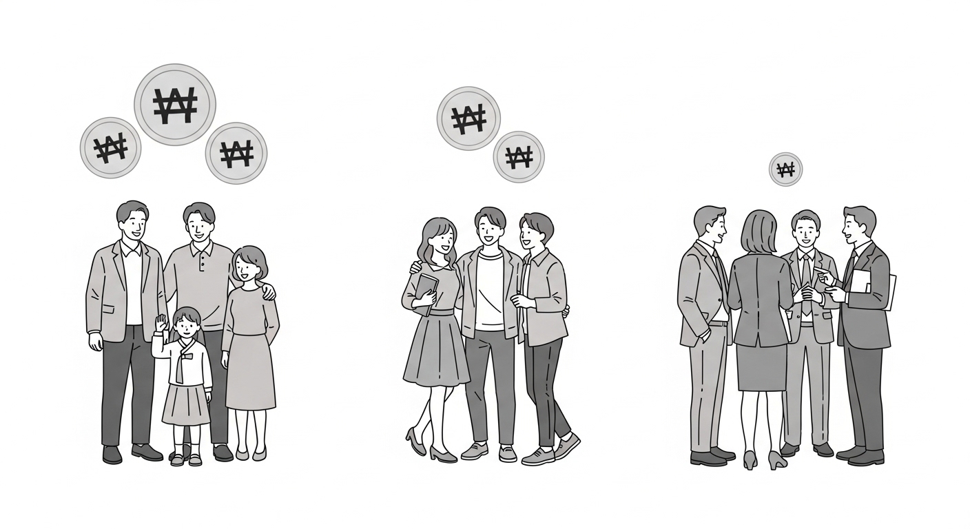 다양한 관계의 사람들이 조의금을 건네는 모습을 추상적으로 표현하여 관계별 조의금 적정 금액을 시각적으로 안내합니다.