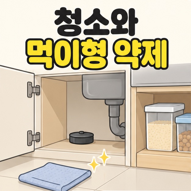 청소와 먹이형 약제라는 문구 아래 정돈된 싱크대 하부장에 용기형 약제가 놓이고 주변에 밀폐 식품 용기와 청소용 천이 보이는 그림