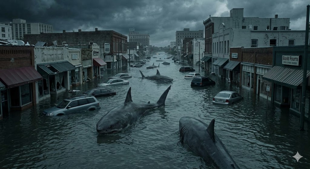 5등급 허리케인이 몰고 온 거대한 해일로 인해 완전히 물에 잠긴 해안 도시 한가운데로 상어 떼가 유유히 진입하는 스래시 상어의 습격 영화 속 한 장면
