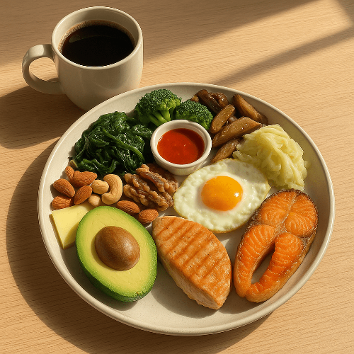 시금치나물, 브로콜리와 초장, 양배추찜과 계란,아보카도, 연어스테이크로 구성된 키토식 식단