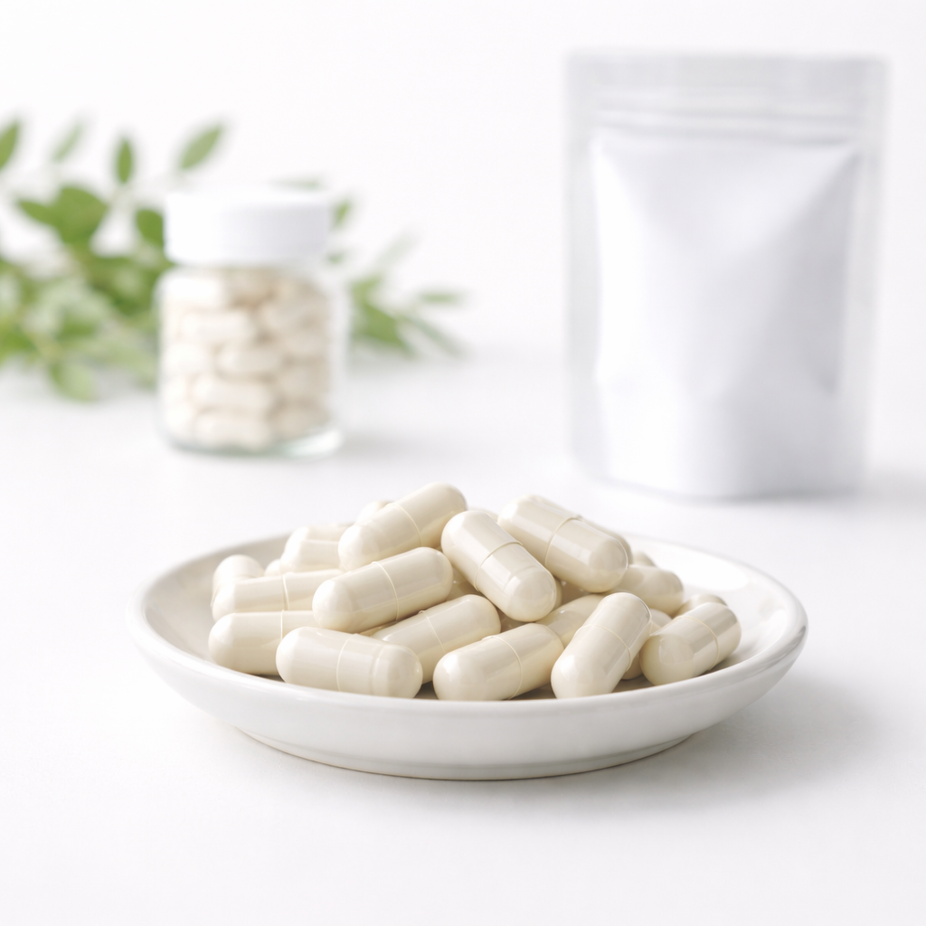 로고 없는 유산균 캡슐이 접시에 놓인 미니멀 정물 사진