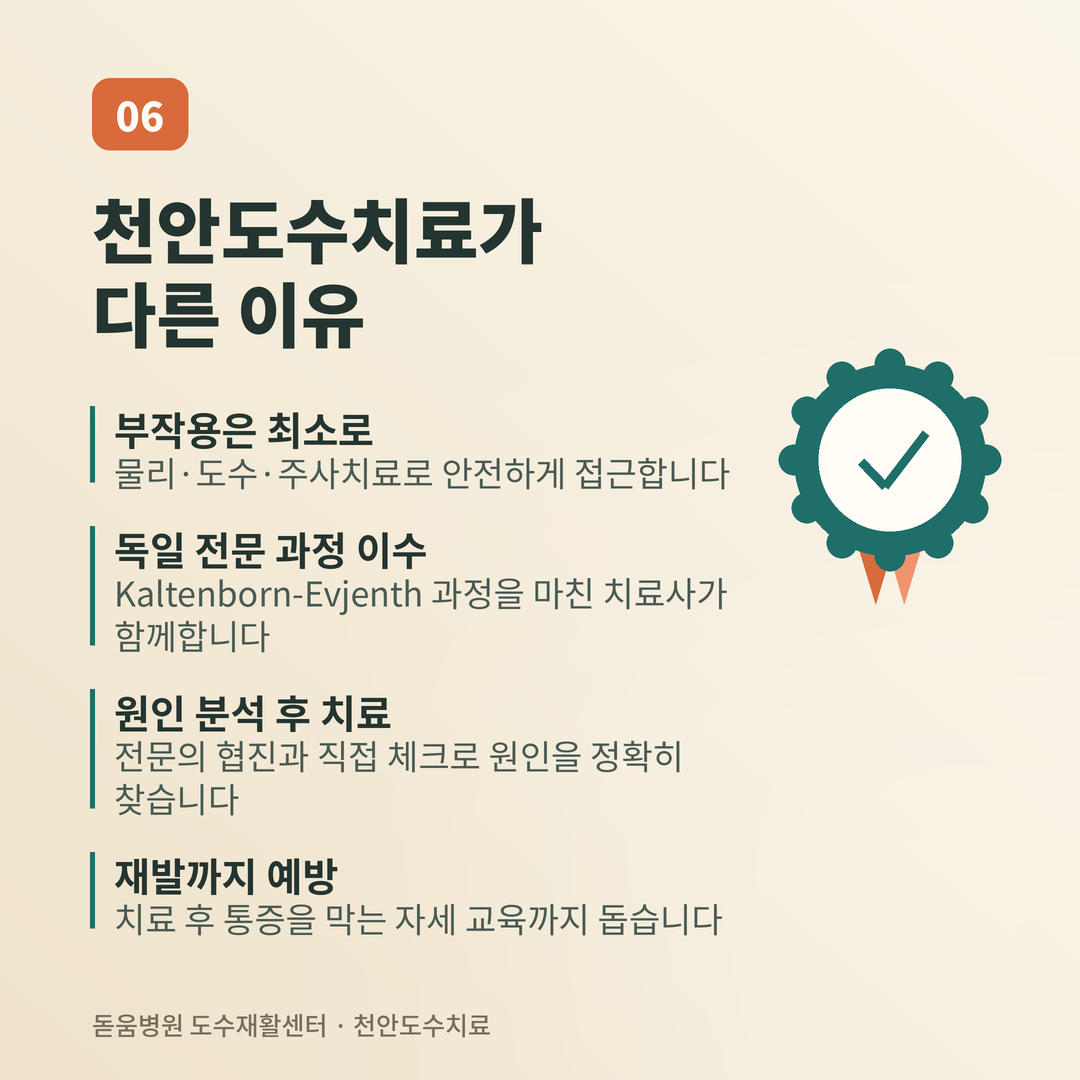 인증 메달 일러스트와 함께 부작용 최소화, 독일 전문과정 이수, 원인 분석, 재발 예방 등 천안도수치료 강점을 정리한 카드