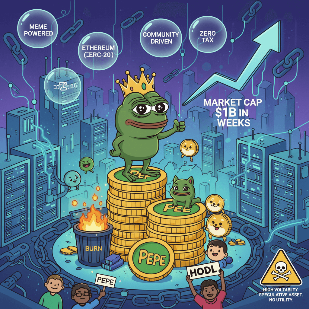 왕관 쓴 페페 더 프로그가 금화 더미 위에 서서 엄지를 치켜들고 있는 밈 코인 테마 그림. '시장 가치 10억 달러 달성' 화살표와 '높은 변동성, 투기성 자산, 유틸리티 없음' 경고문이 보인다.