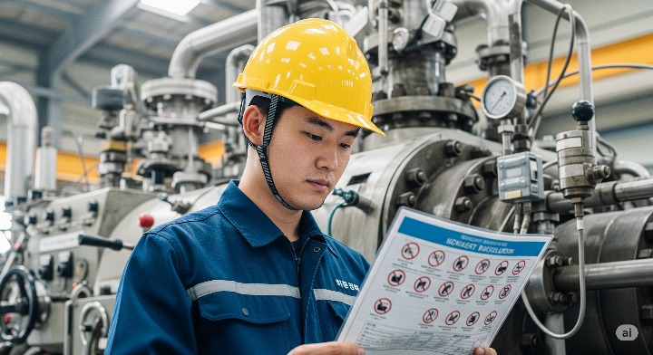 안전모를 착용한 작업자가 기계 앞에서 진지한 표정으로 안전 수칙을 확인하는 모습.
