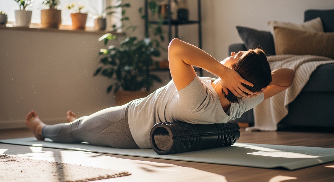 집에서 폼롤러로 스트레칭을 하며 피로를 푸는 모습