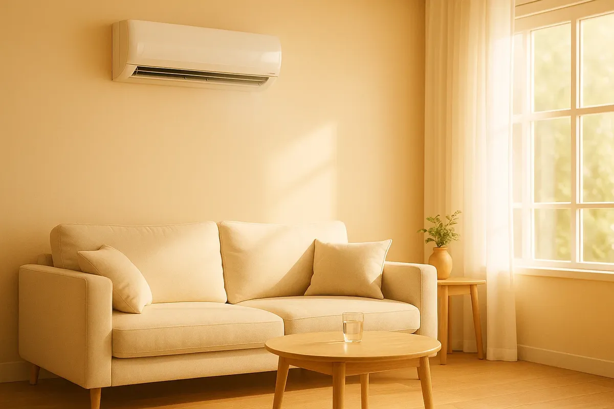햇살 가득한 거실과 벽걸이 에어컨