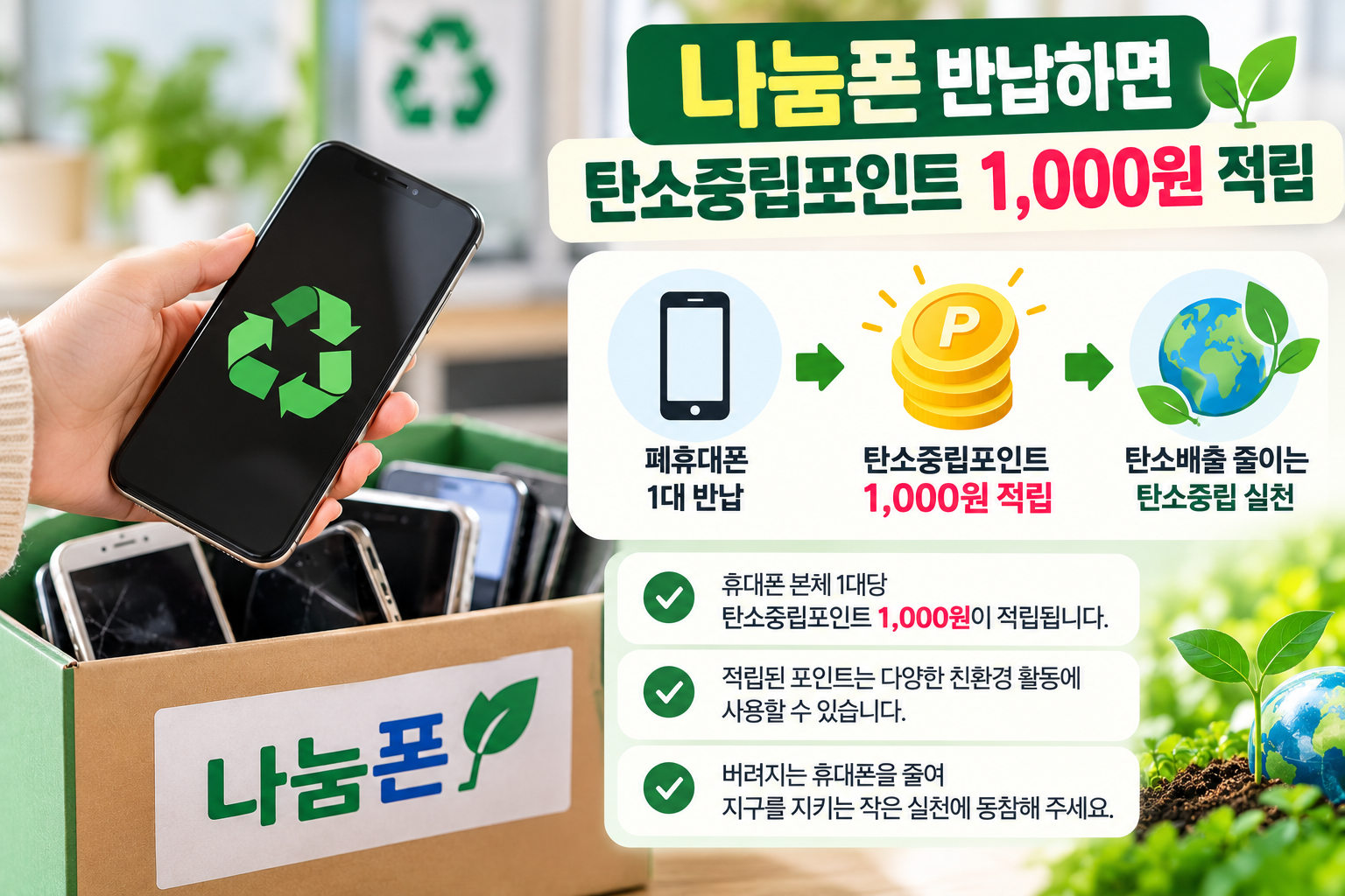 나눔폰 폐휴대폰 반납 탄소중립포인트 1000원 적립