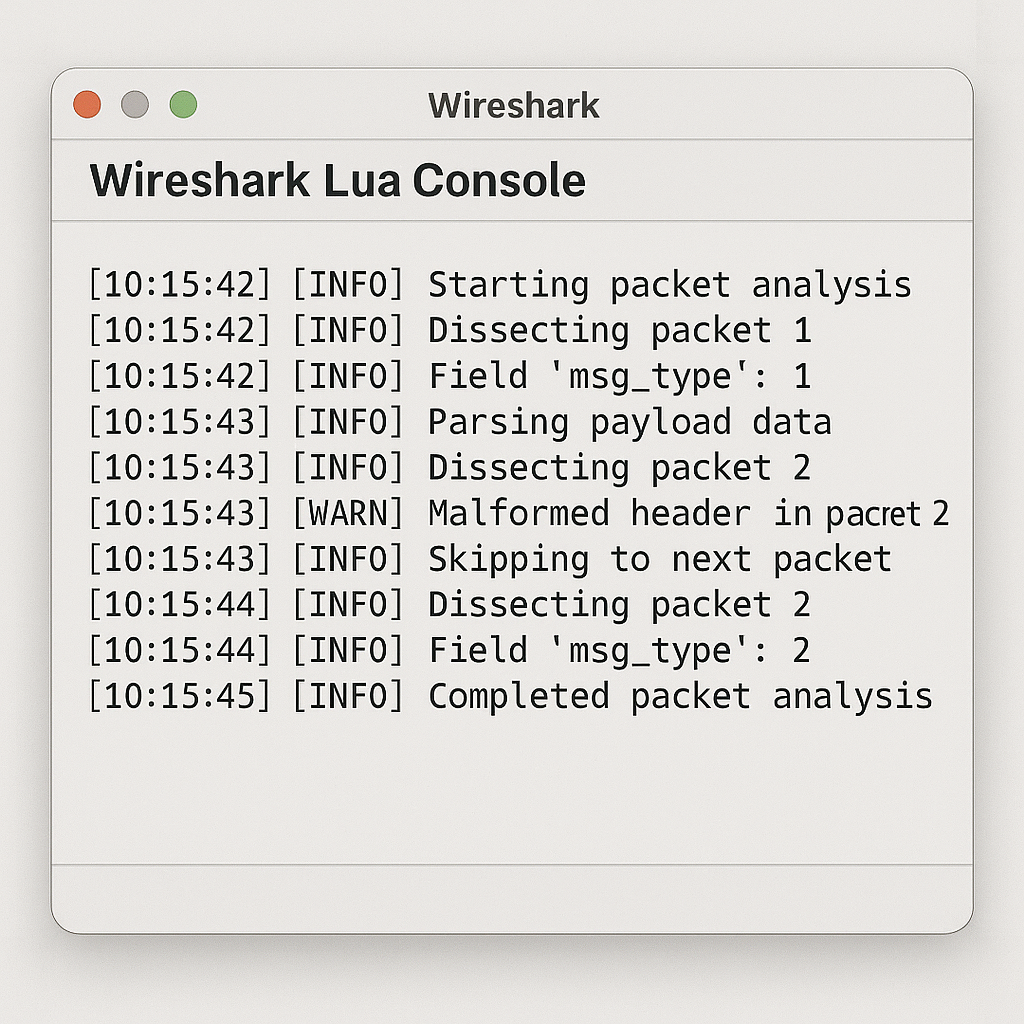 Wireshark 개발자 콘솔에서 루아 디버깅 출력 화면
