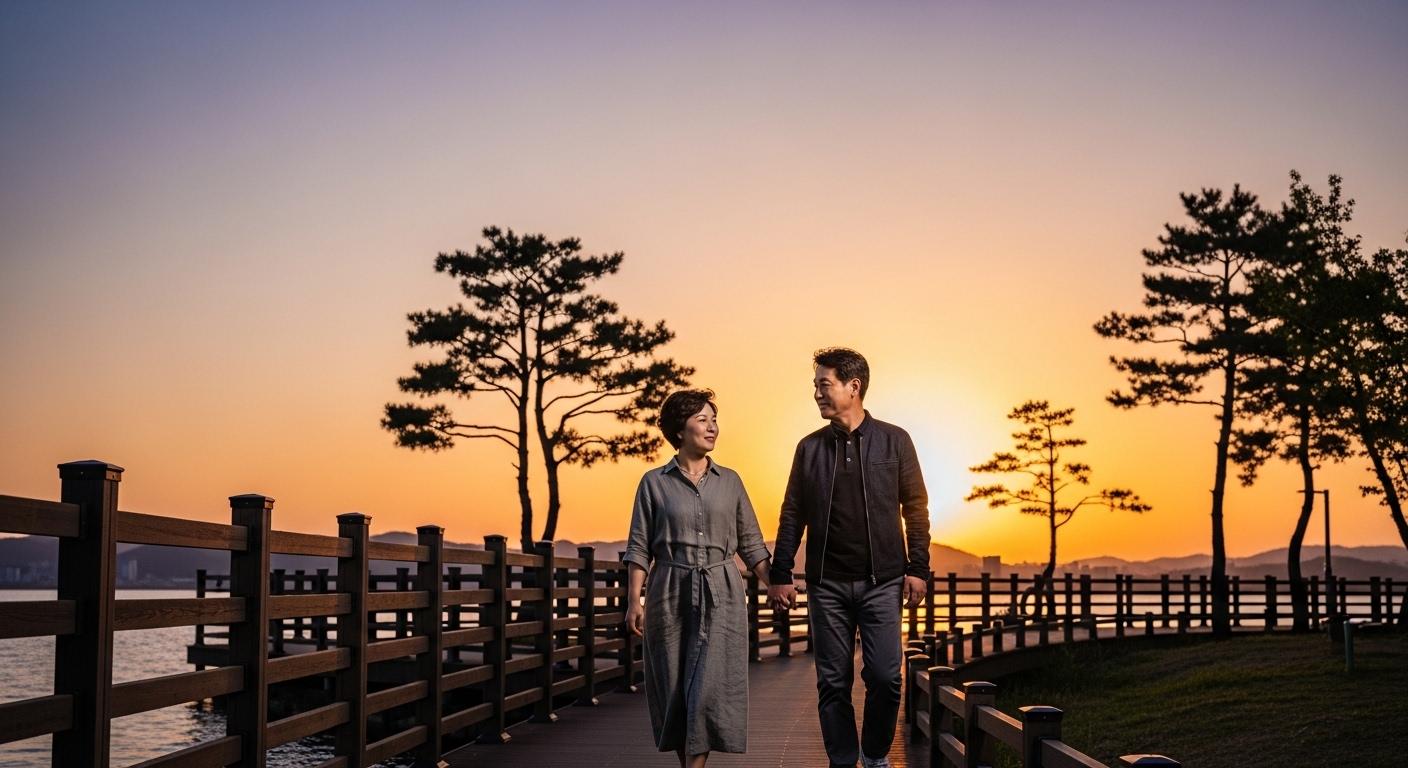 50대 한국인 부부, 일몰 시 호숫가 데크를 손잡고 걷는 모습