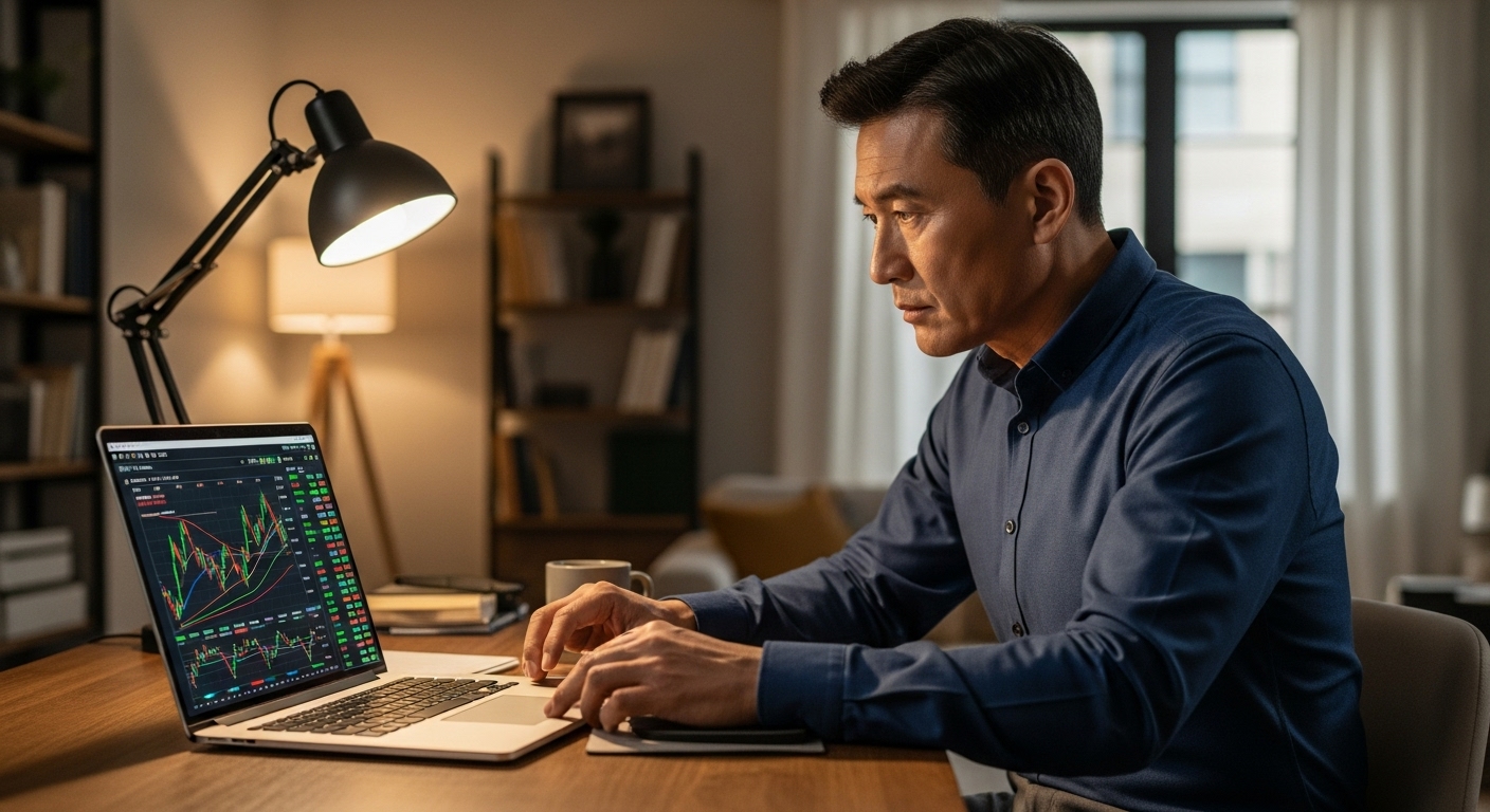 50대 남성이 노트북으로 퇴직연금 포트폴리오 차트를 진지하게 검토하는 모습