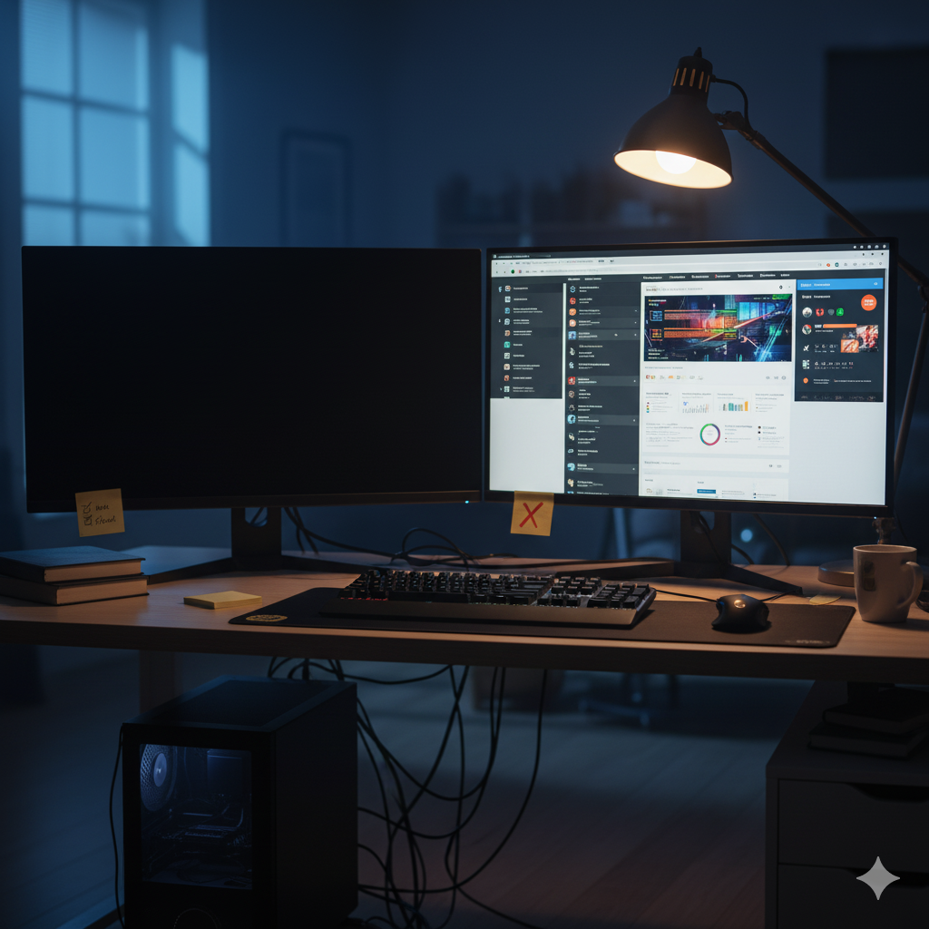 듀얼 모니터 중 한쪽 화면이 꺼져 있고, 다른 한쪽은 켜져 있는 컴퓨터 책상 이미지