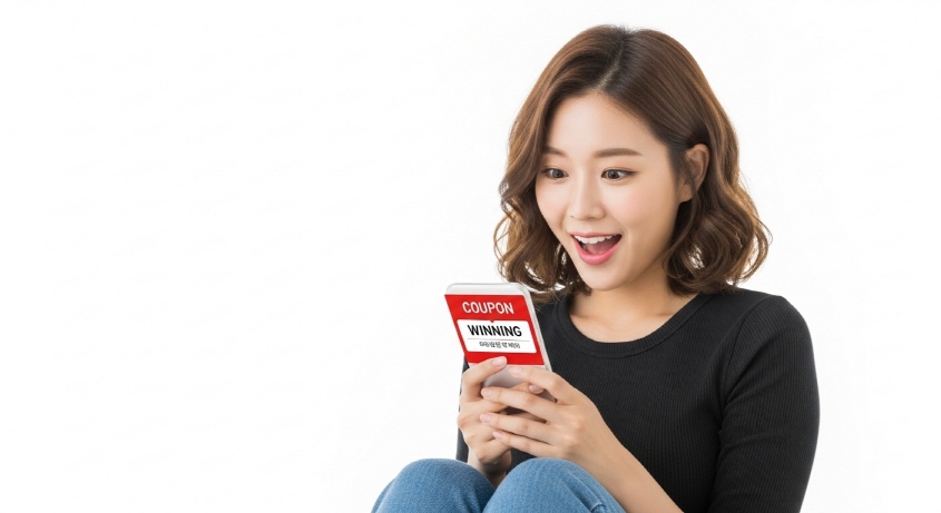 스마트폰 화면에 쿠폰 당첨 알림을 본 여성