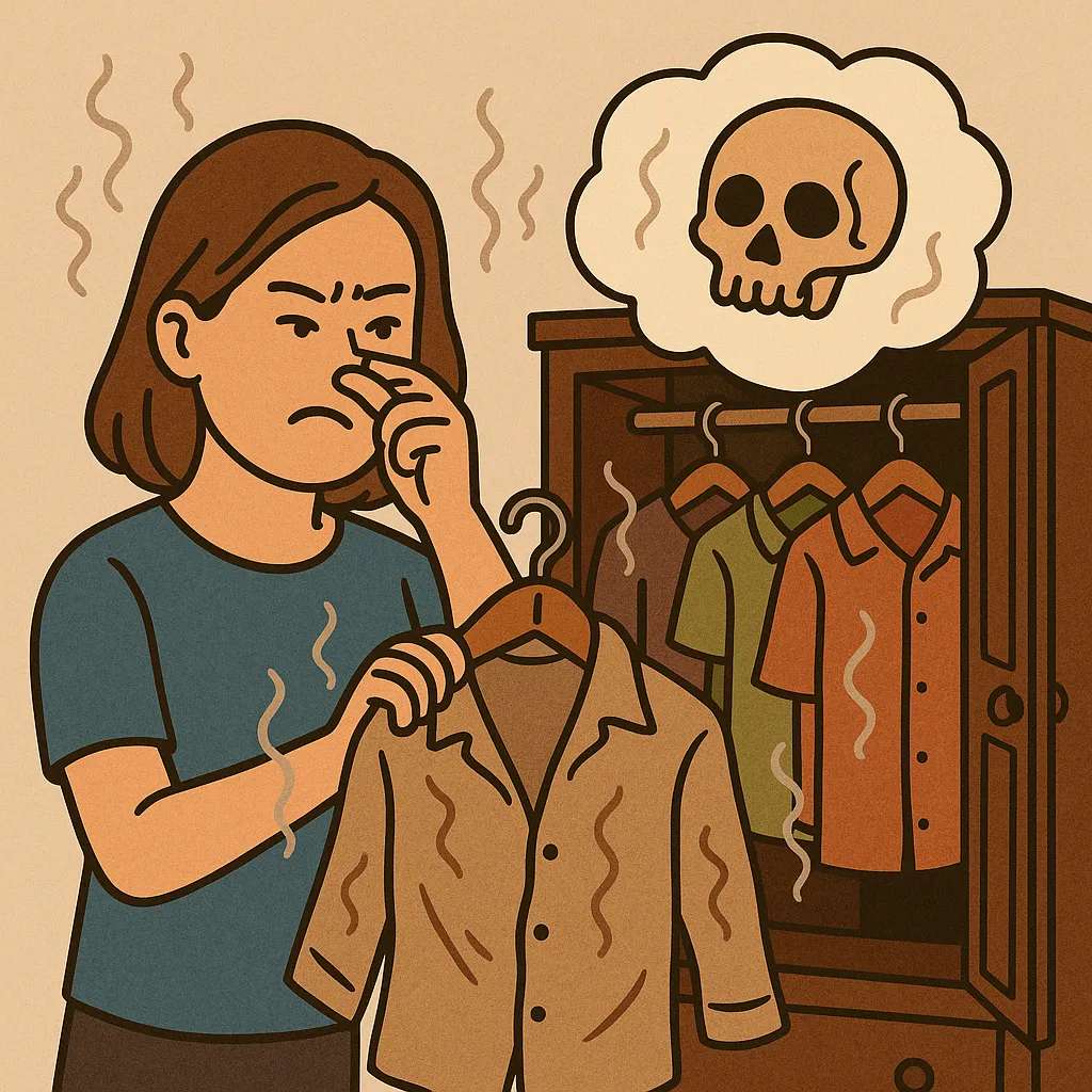 오래된-옷장에서-나는-냄새에-불쾌한-표정을-짓는-사람과-냄새나는-의류
