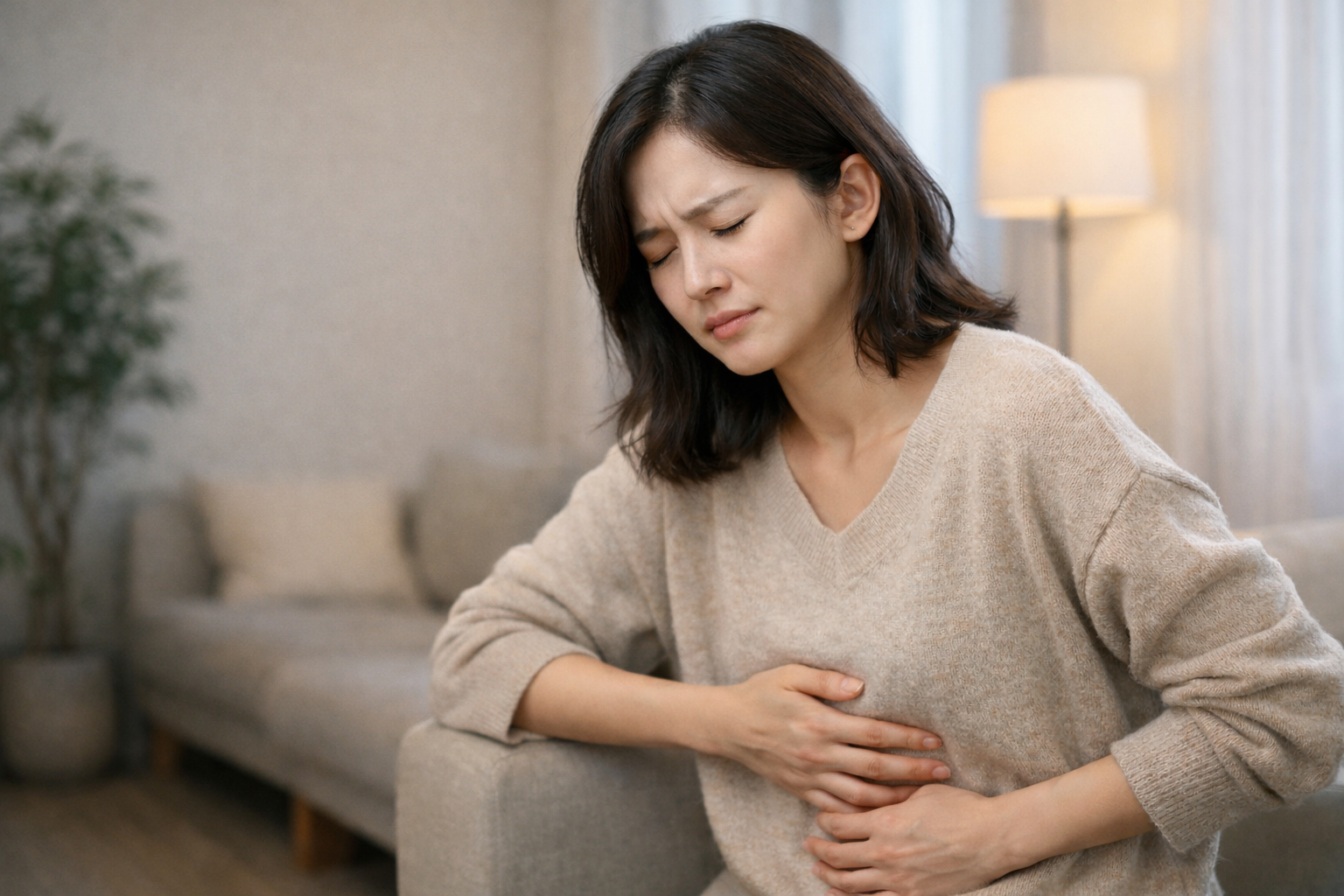 식사 후 속이 더부룩해 불편함을 느끼는 일상적인 상황의 여성 모습