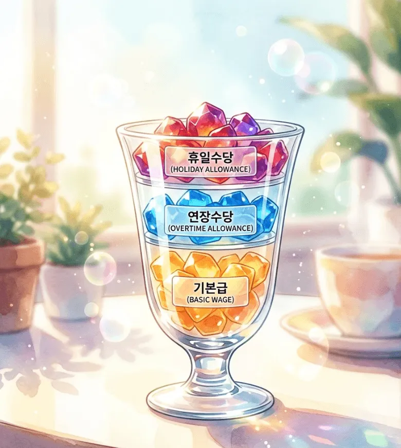 근로계약서 필수 기재 사항: 애니메이션 스타일의 맑고 몽환적인 수채화 풍 일러스트로, 햇살 가득한 테이블 위에 세 개의 층으로 나뉜 투명한 유리 컵이 있습니다. 각 층에는 빛나는 보석 같은 조각들이 담겨 있으며, 아래부터 '기본급', '연장수당', '휴일수당'이라고 한글로 명확히 적혀 있습니다. 이는 근로계약서 작성 시 임금 구성항목을 투명하게 분리하여 분쟁을 예방하는 중요성을 시각화합니다.