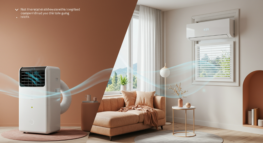 2025년형 이동식 에어컨과 창문형 에어컨을 비교하는 이미지. 이동식 에어컨은 호스를 창문으로 연결하여 바닥에 놓여 있고, 창문형 에어컨은 창틀에 깔끔하게 설치되어 있다. 두 제품 모두 시원한 바람이 나오는 것을 묘사하며, 현대적인 실내 디자인과 조화를 이룬다.