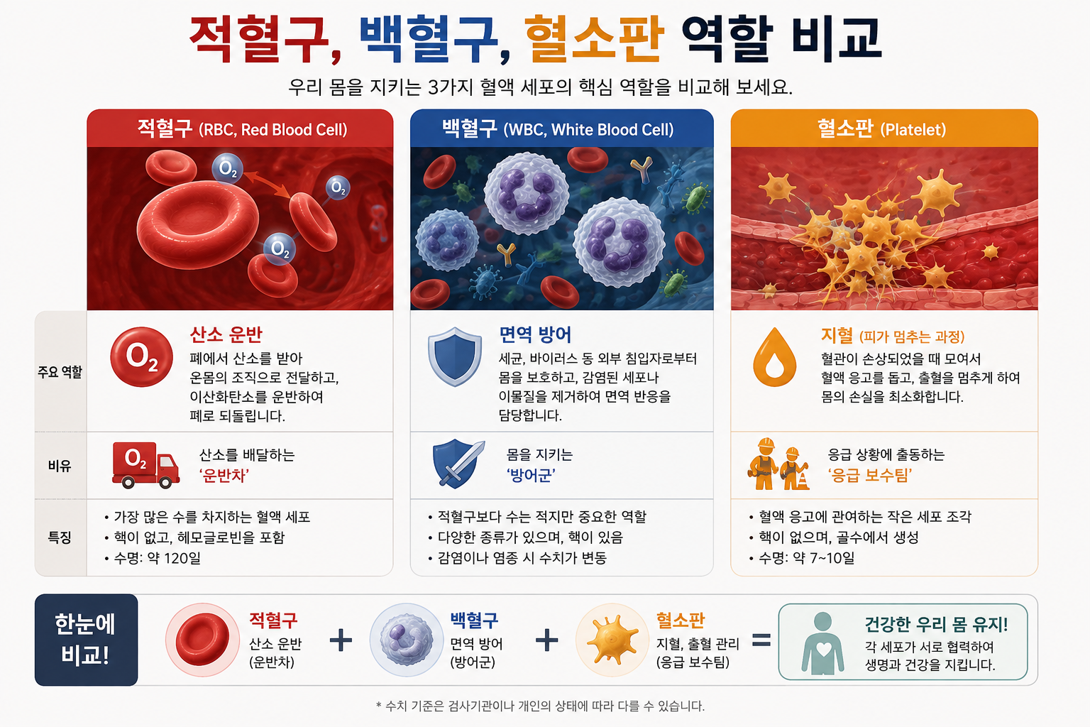 적혈구 백혈구 혈소판 역할 비교
