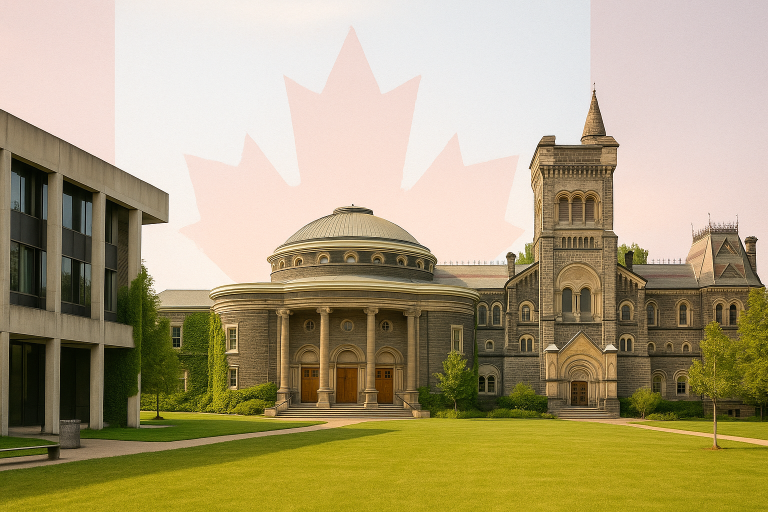 캐나다 국기를 배경으로한 대학 이미지