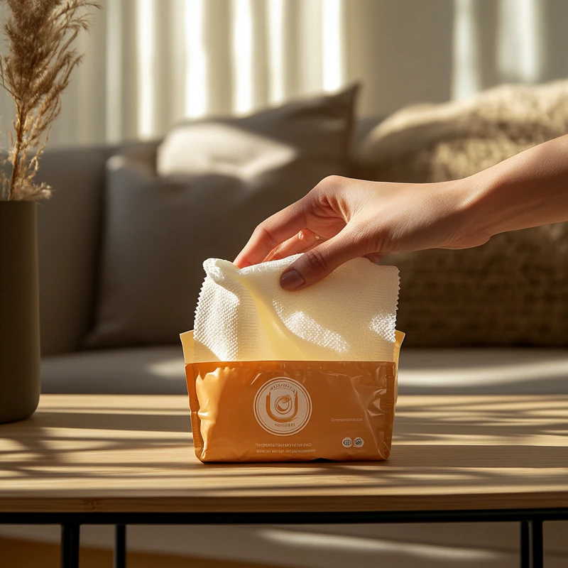 2025 저자극 물티슈 중 안전한 캡형 패키지를 가정에서 손쉽게 사용하는 모습, 사용자 편의성, 패키지 위생, 저자극 안전성, 생활 속 사용, 실용성 키워드 포함