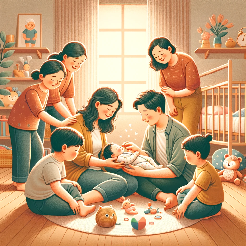 가족이 서로 도와주고 아기를 달래는 모습