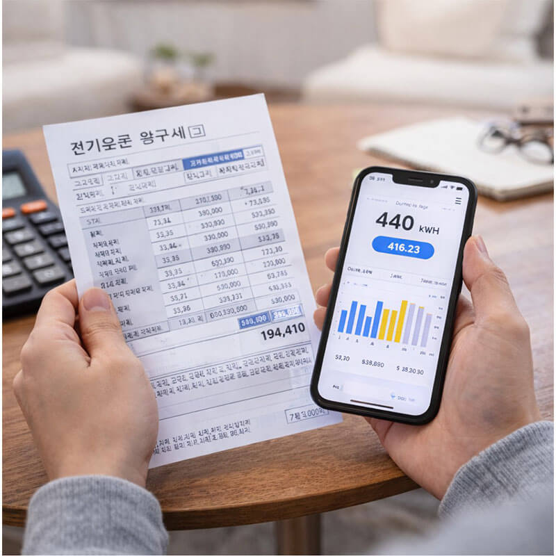 전기요금 고지서를 보며 전력 사용량을 확인하는 가정 환경