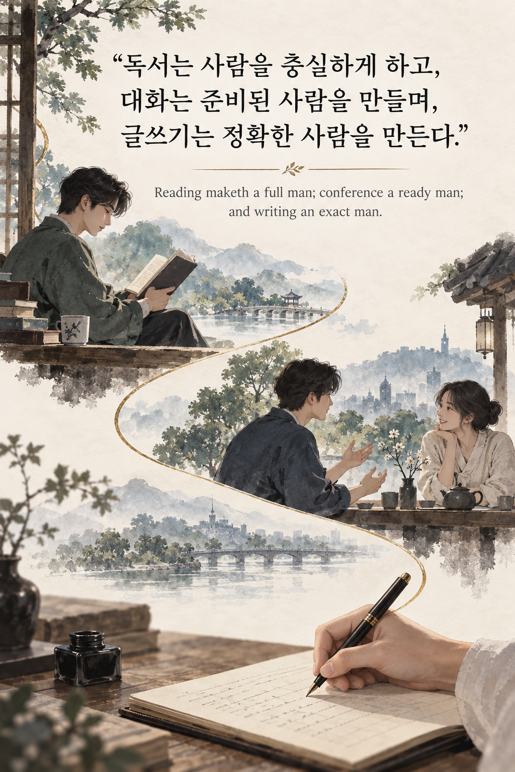 프랜시스 베이컨 명언 13 — 독서는 사람을 충실하게 하고, 대화는 준비된 사람을 만들며, 글쓰기는 정확한 사람을 만든다.