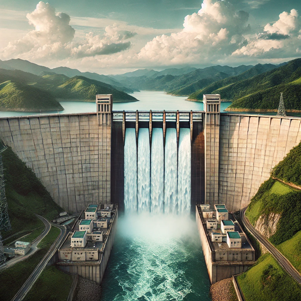 강원도 소양강댐의 근접 뷰. 댐의 높은 콘크리트 구조물에서 넘쳐 흐르는 물이 강으로 흘러내리고 있습니다. 댐을 둘러싼 푸른 언덕과 산이 보이며&amp;#44; 구름이 조금 낀 하늘이 배경에 있습니다