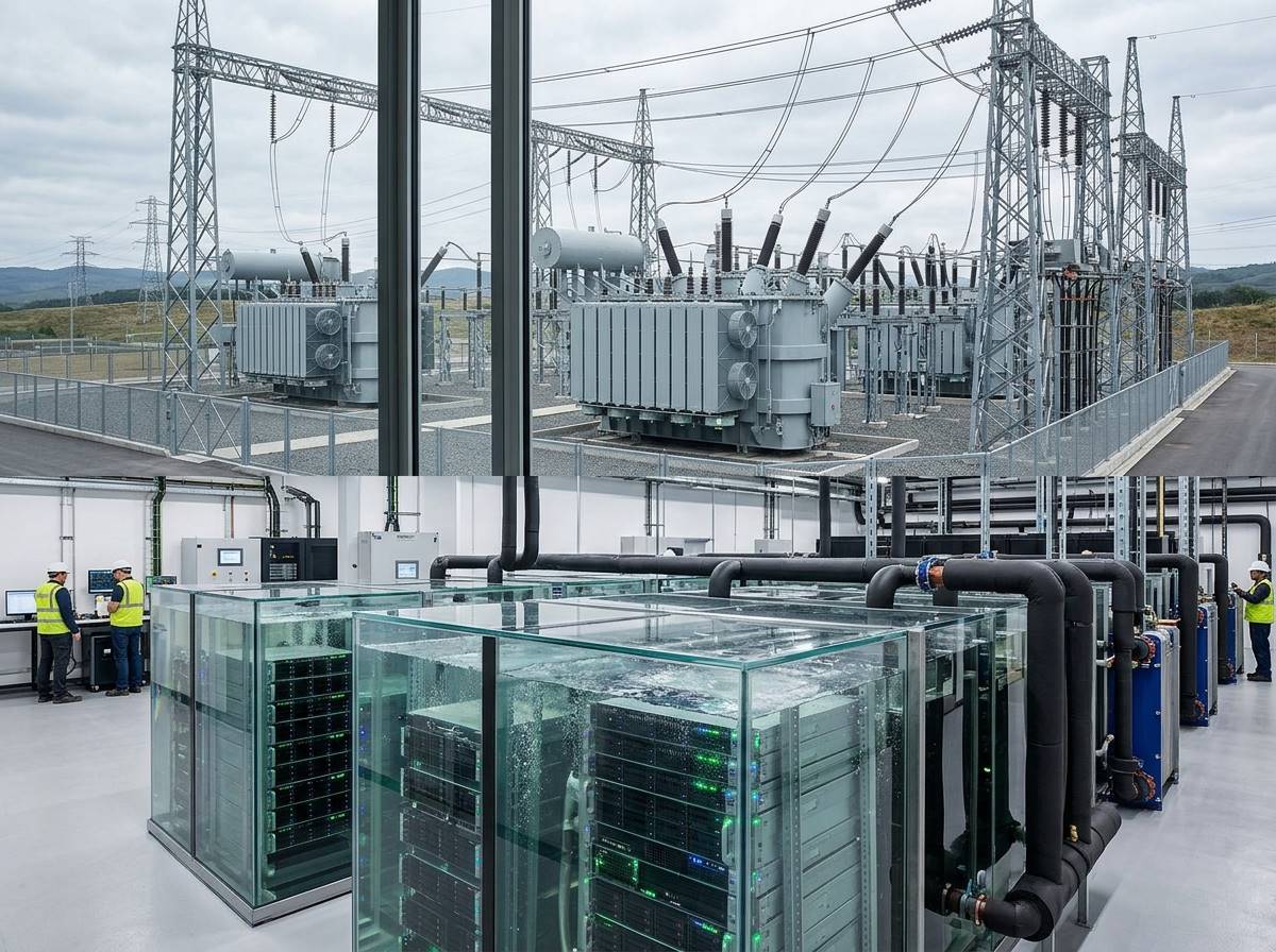 액체 속에 잠겨 있는 서버 서버랙(액침 냉각 기술)과 초고압 변압기 시설