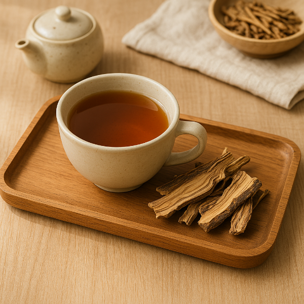 전통 한방 약초 엄나무로 우려낸 엄나무 차 – 나무 트레이 위 따뜻한 분위기의 허브티 컵
