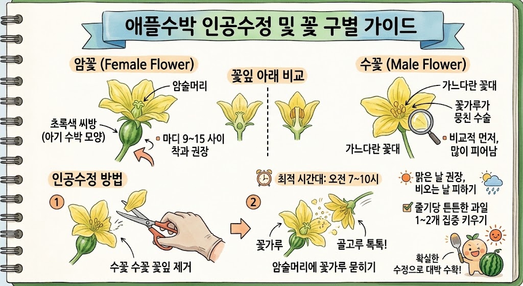 애플수박의 암꽃과 수꽃을 구별하는 형태적 차이와 수꽃의 꽃가루를 암꽃에 문질러 인공수정하는 과정을 보여주는 직관적인 재배 가이드 삽화